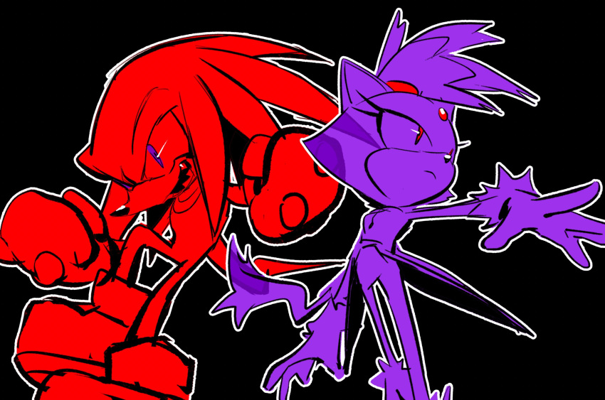 1boy 1girl animal_ears black_background blaze_the_cat cat_ears cat_tail closed_mouth eyelashes forehead_jewel gloves highres knuckles_the_echidna looking_to_the_side miijiu open_mouth outline red_eyes sharp_teeth sonic_(series) tail teeth violet_eyes