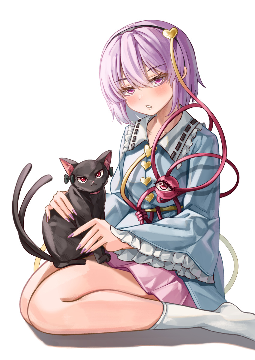 1girl absurdres animal_on_lap black_bow black_cat blush bow buttons cat cat_on_lap commentary eyelashes fingernails foot_out_of_frame frilled_shirt_collar frilled_sleeves frills from_side hair_between_eyes hair_ornament heart heart_button heart_hair_ornament highres kaenbyou_rin kaenbyou_rin_(cat) komeiji_satori long_fingernails long_sleeves looking_at_viewer mahoro_(minase_mahoro) miniskirt multiple_tails nail_polish nekomata no_shoes on_lap parted_lips pink_eyes pink_skirt pleated_skirt purple_hair purple_nails red_eyes short_hair simple_background sitting skirt socks solo tail third_eye touhou tsurime two_tails wariza white_background white_socks wide_sleeves