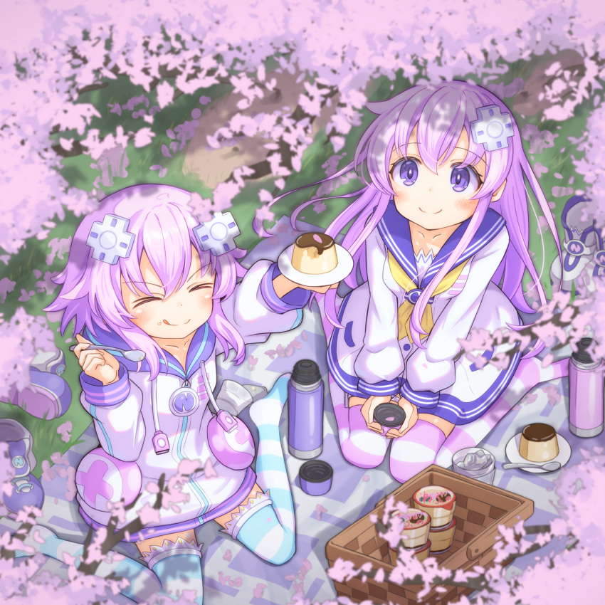 &gt;_&lt; 2girls :q absurdres arm_up bottle cherry_blossoms collarbone commentary_request cup d-pad d-pad_hair_ornament dress food hair_ornament hanami highres holding holding_cup holding_plate holding_spoon hood hooded_jacket hooded_track_jacket jacket light_blush long_hair multiple_girls neckerchief nepgear neptune_(neptunia) neptune_(series) outdoors picnic picnic_basket plate pudding purple_hair sailor_dress shionic_zm shoes short_hair siblings sisters sitting smile spoon striped_clothes striped_thighhighs thigh-highs tongue tongue_out track_jacket unworn_shoes v_arms violet_eyes wariza water_bottle yellow_neckerchief