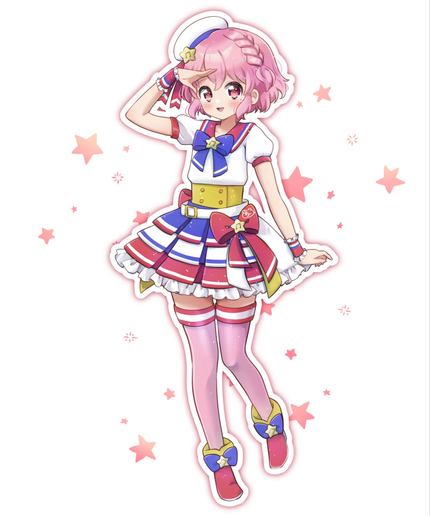 1boy :d blush braid chii_(chi_pppuri) commentary_request crossdressing dress frilled_dress frills full_body hand_up highres idol_clothes looking_at_viewer mole mole_under_eye open_mouth otoko_no_ko pink_eyes pink_footwear pink_hair pink_thighhighs pretty_series pripara red_ribbon red_sailor_collar reona_west ribbon sailor_collar shoes short_hair short_sleeves side_braid smile solo standing star_(symbol) thigh-highs white_background wrist_cuffs