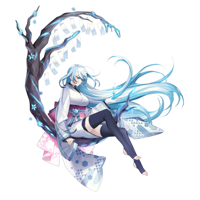 +intro+ 1girl absurdly_long_hair alternate_costume aqua_eyes aqua_flower aqua_hair aqua_ribbon ariel_(final_gear) back_ribbon black_choker black_thighhighs breasts choker closed_mouth final_gear fingernails floating floating_hair floating_object floral_print_kimono floral_print_ribbon floral_print_sleeves flower_ornament full_body highres ice japanese_clothes kimono large_breasts light_frown long_hair long_sleeves no_shoes obi obiage obidome obijime official_art papers parted_lips pink_ribbon pink_sash ribbon sash simple_background sitting sitting_on_branch solo tachi-e tanabata thigh-highs third-party_source toeless_legwear triangle_print two-tone_sleeves very_long_hair white_background white_kimono white_sleeves wide_sleeves