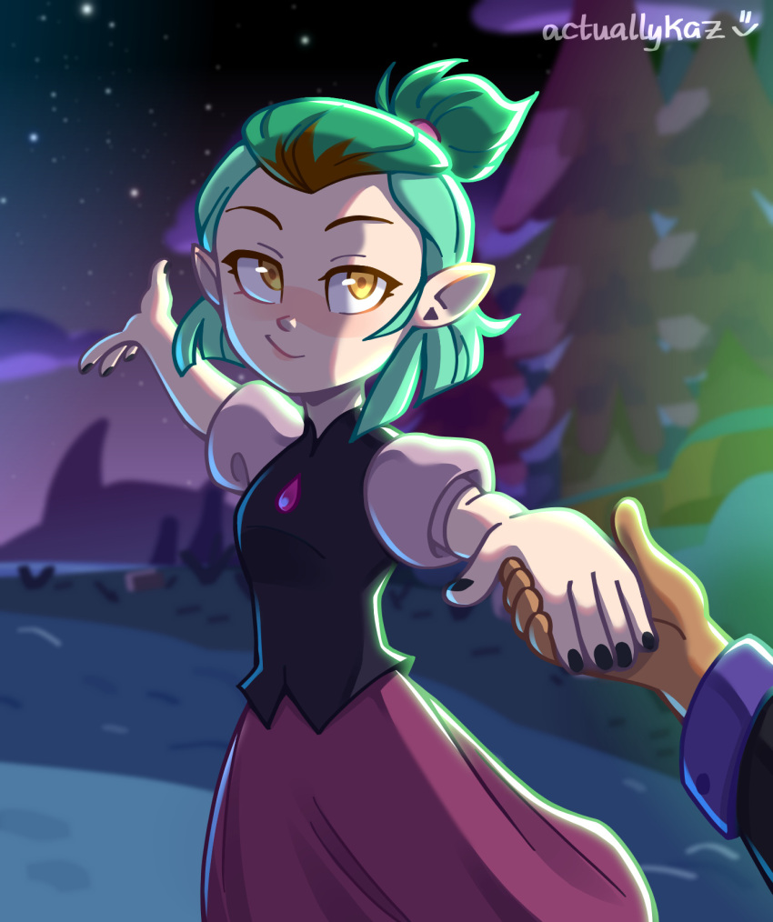 2girls \o/ actuallykaz amity_blight arms_up bad_link black_nails brown_hair couple dancing dark-skinned_female dark_skin female_pov forest gem green_hair grom_night_(the_owl_house) high_ponytail highres holding_hands looking_at_another looking_at_viewer luz_noceda multiple_girls nail_polish nature night night_sky outdoors outstretched_arms pointy_ears pov pov_hands purple_skirt short_hair short_sleeves skirt sky star_(sky) starry_sky the_owl_house twitter_username white_sleeves yellow_eyes yuri
