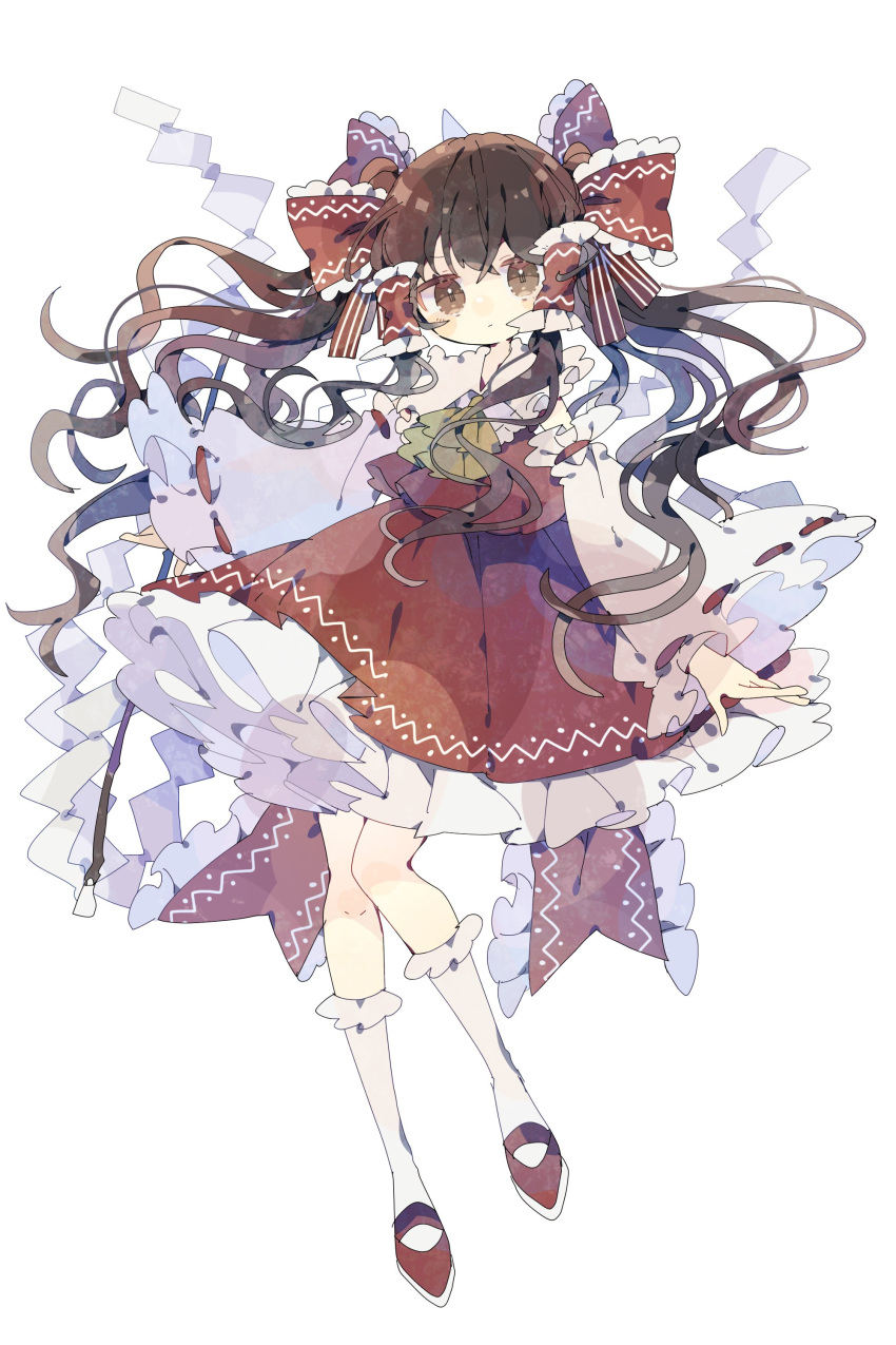 1girl absurdres alternate_hairstyle ascot bare_shoulders blush bow brown_hair closed_mouth dark_skin detached_sleeves frilled_skirt frills full_body gohei hair_bow hakurei_reimu highres japanese_clothes long_hair looking_at_viewer nikorashi-ka nontraditional_miko red_bow red_footwear red_skirt shoes simple_background skirt socks solo touhou twintails white_background white_sleeves white_socks wide_sleeves yellow_ascot