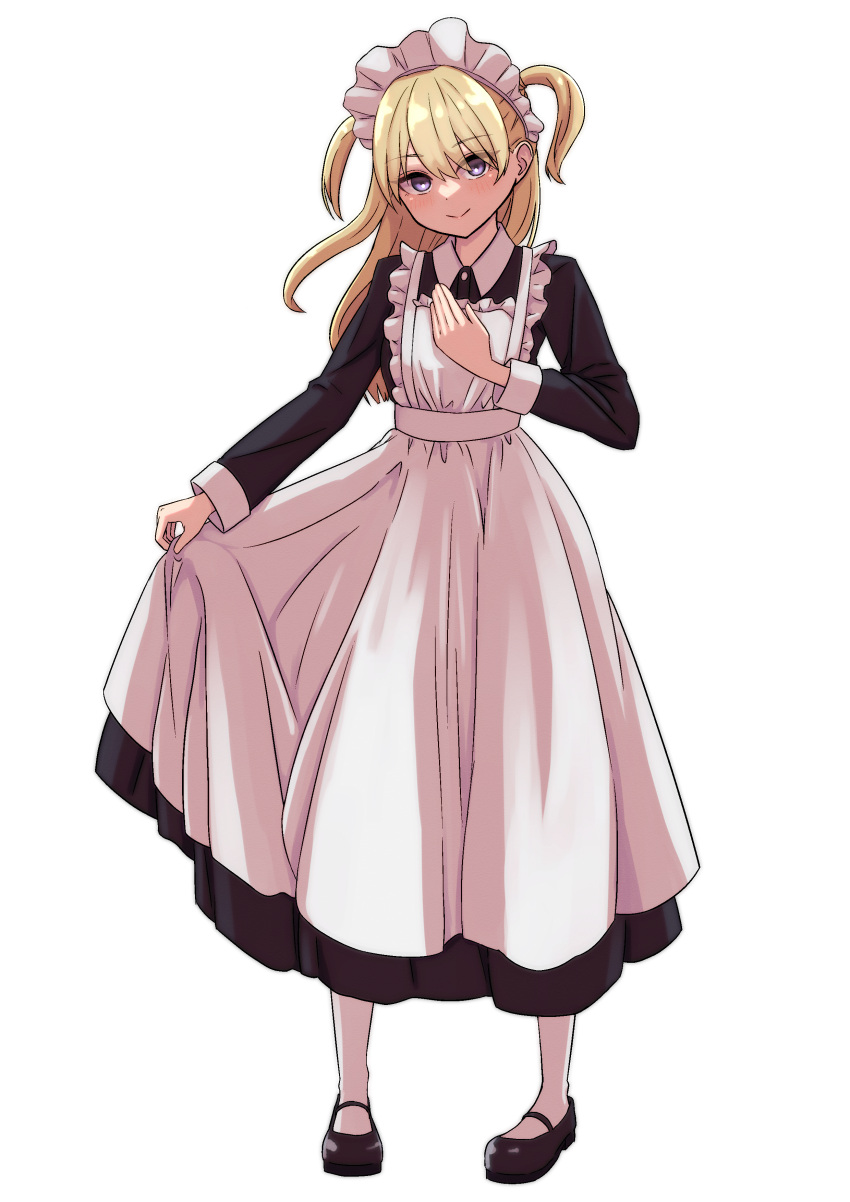 1girl absurdres akebi-chan_no_serafuku apron black_dress black_footwear blonde_hair blue_eyes closed_mouth dress full_body hand_on_own_chest highres kizaki_erika looking_at_viewer maid maid_headdress medium_hair simple_background skirt_hold smile solo thigh-highs twintails two_side_up user_mfyz3537 white_apron white_background white_headdress white_thighhighs