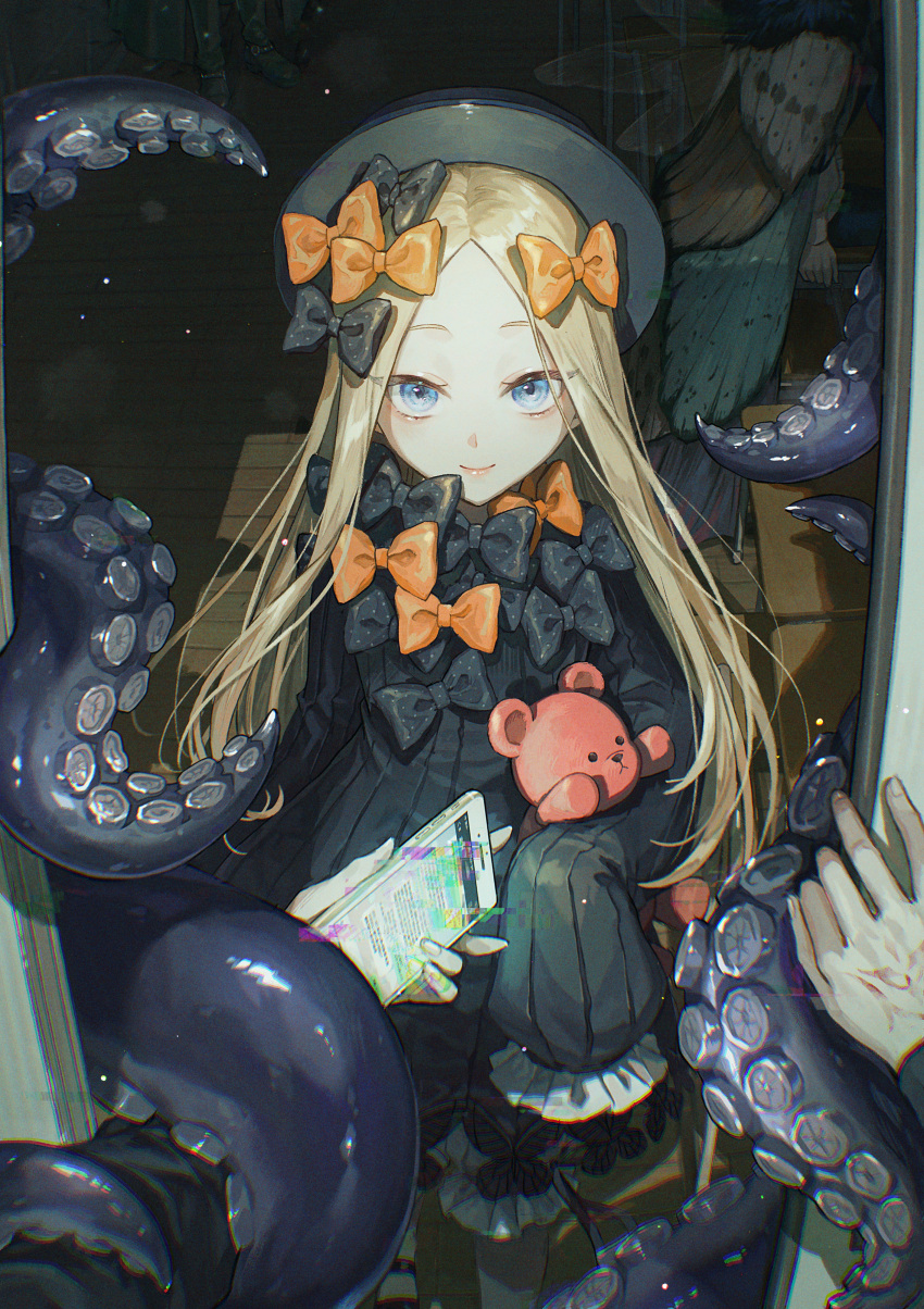 1girl abigail_williams_(fate) absurdres black_bow black_dress blonde_hair bloomers blue_eyes blush bow dress eyelashes fate/grand_order fate_(series) forehead frilled_sleeves frills hair_bow hat highres kotobuki_nashiko light_particles lolita_fashion long_hair long_sleeves looking_at_viewer multiple_hair_bows multiple_hat_bows orange_bow parted_bangs pov pov_hands sleeves_past_fingers sleeves_past_wrists smile solo solo_focus standing stuffed_animal stuffed_toy teddy_bear tentacles very_long_hair white_bloomers