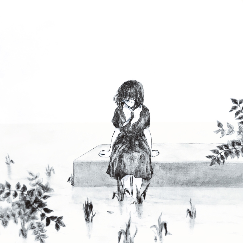 1girl 4mdrmmm absurdres arm_support barefoot commentary_request dress greyscale highres looking_down medium_hair monochrome original plant short_hair short_sleeves sitting soaking_feet solo traditional_media water white_background