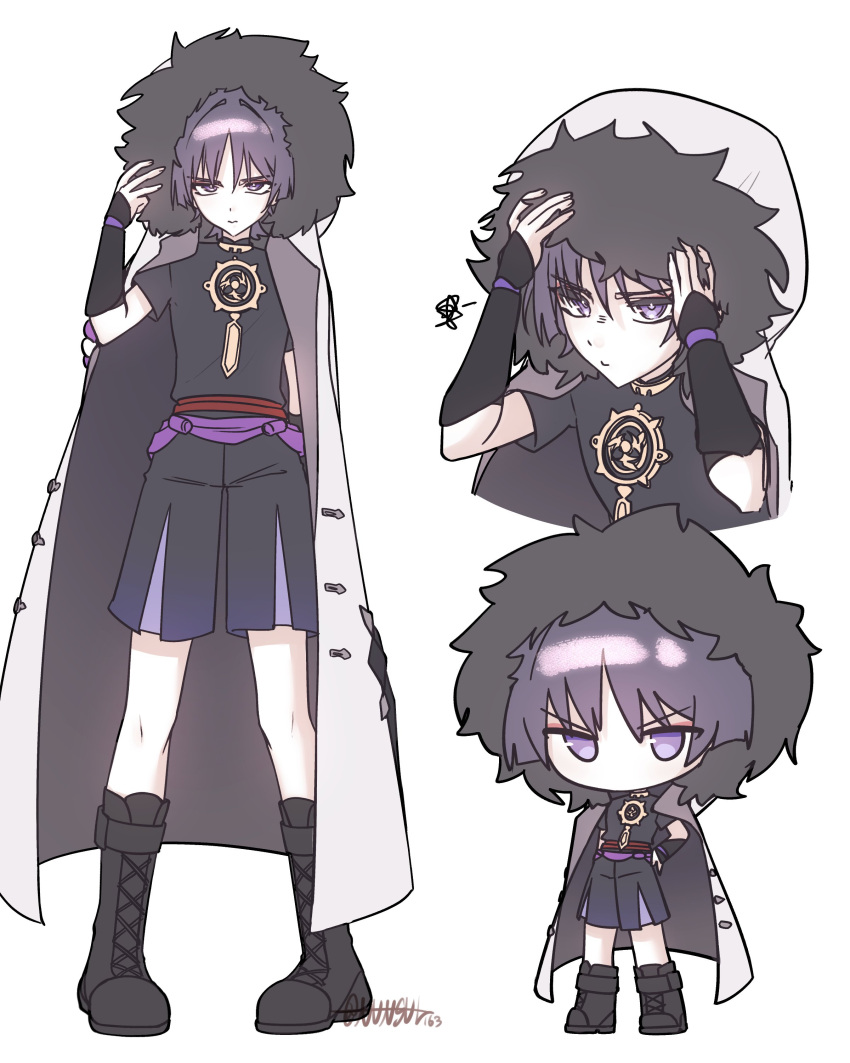 1boy absurdres black_footwear boots chibi closed_mouth coat fur-trimmed_coat fur_trim genshin_impact hair_between_eyes hands_on_own_head highres hood hood_up hooded_coat japanese_clothes looking_at_viewer multiple_views no_mouth nunsul163 purple_hair scaramouche_(genshin_impact) signature simple_background squiggle standing violet_eyes white_background white_coat