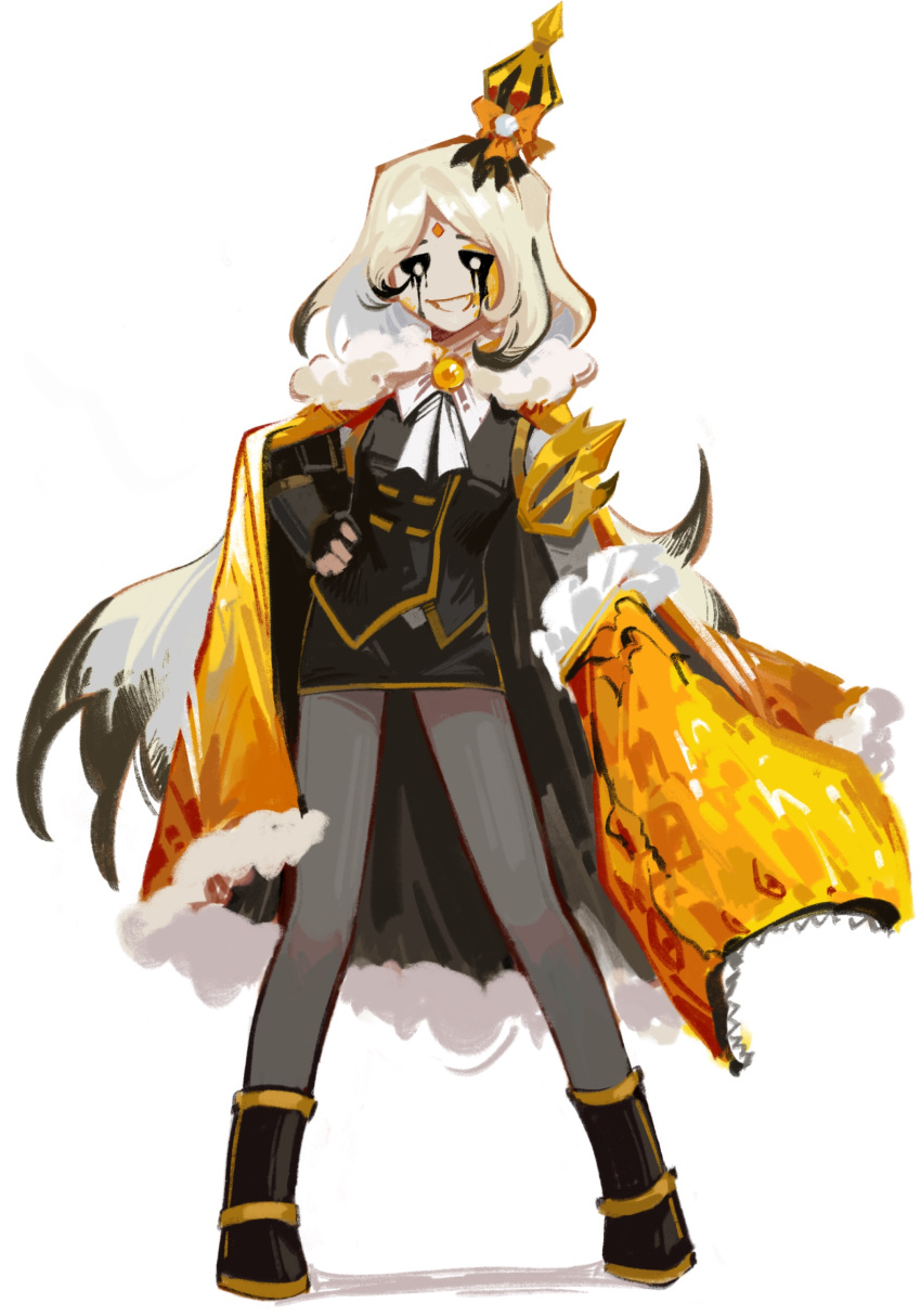 1boy absurdres beeeeeebird black_cape black_footwear black_pantyhose black_sclera black_skirt black_tears boots cape colored_sclera crown e.g.o_(project_moon) forehead_jewel fur-trimmed_cape fur_trim gold_trim highres king_of_greed library_of_ruina medium_hair open_mouth otoko_no_ko pantyhose pencil_skirt project_moon roland_(project_moon) simple_background skirt smile solo two-sided_cape two-sided_fabric white_background white_hair yellow_cape yellow_gemstone