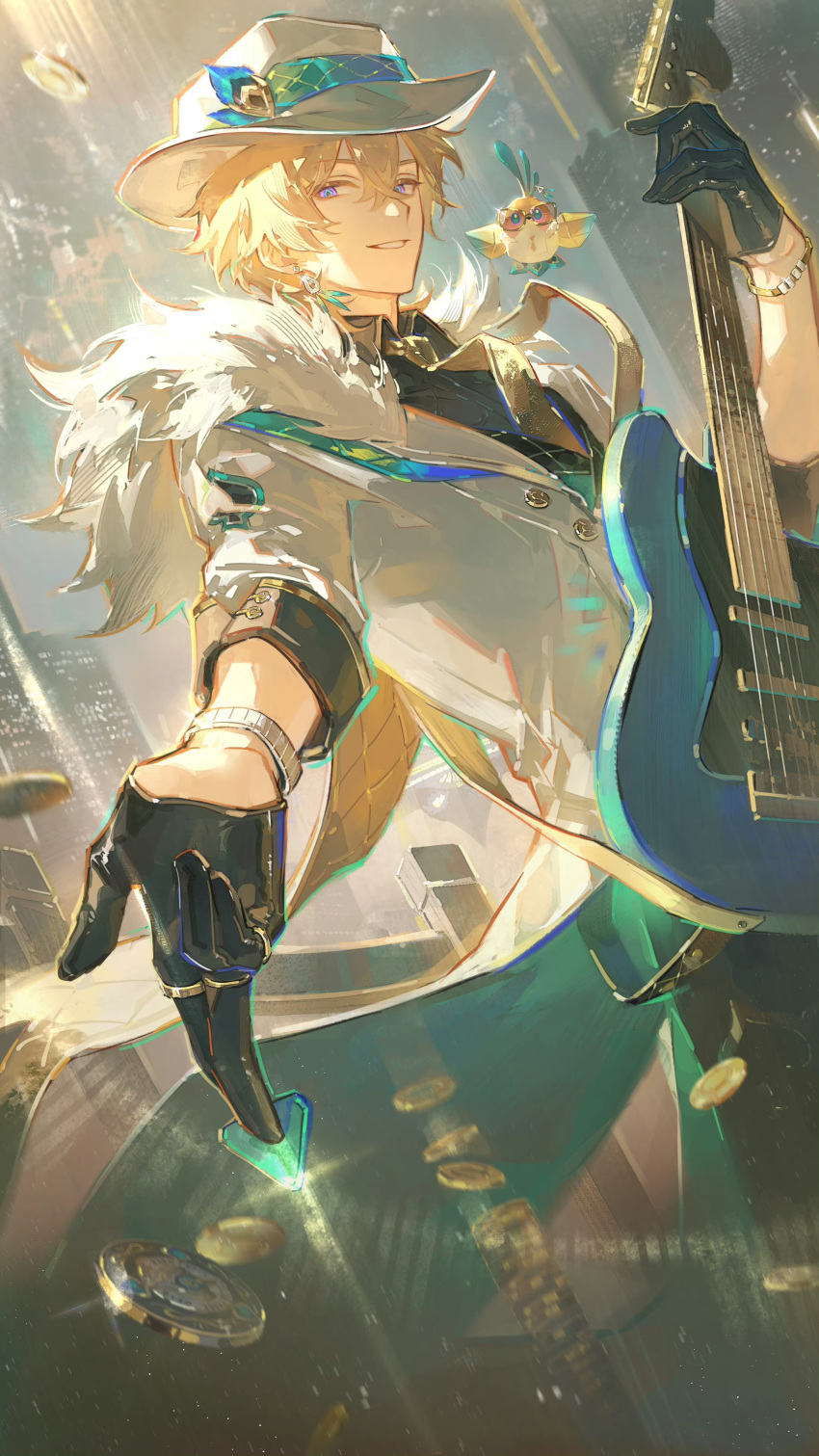 1boy absurdres aventurine_(honkai:_star_rail) black_gloves black_shirt blonde_hair bracelet collared_shirt earrings gloves guitar hair_between_eyes hat heiankyo_327 highres holding holding_guitar holding_instrument honkai:_star_rail honkai_(series) instrument jewelry looking_at_viewer male_focus multicolored_eyes necktie official_alternate_costume ring shirt smile solo two-tone_eyes white_hat yellow_necktie