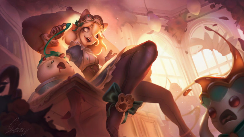 1girl :d absurdres alternate_costume artist_name blonde_hair blurry blurry_background bow breasts briar_(league_of_legends) brown_pantyhose cherry cup dress enmaided food footwear_bow from_below fruit green_bow green_dress highres indoors lamp league_of_legends maid mug pantyhose puffy_short_sleeves puffy_sleeves sharp_teeth short_sleeves sitting small_breasts smile sobras_(sobrassart) teacup teeth white_eyes window