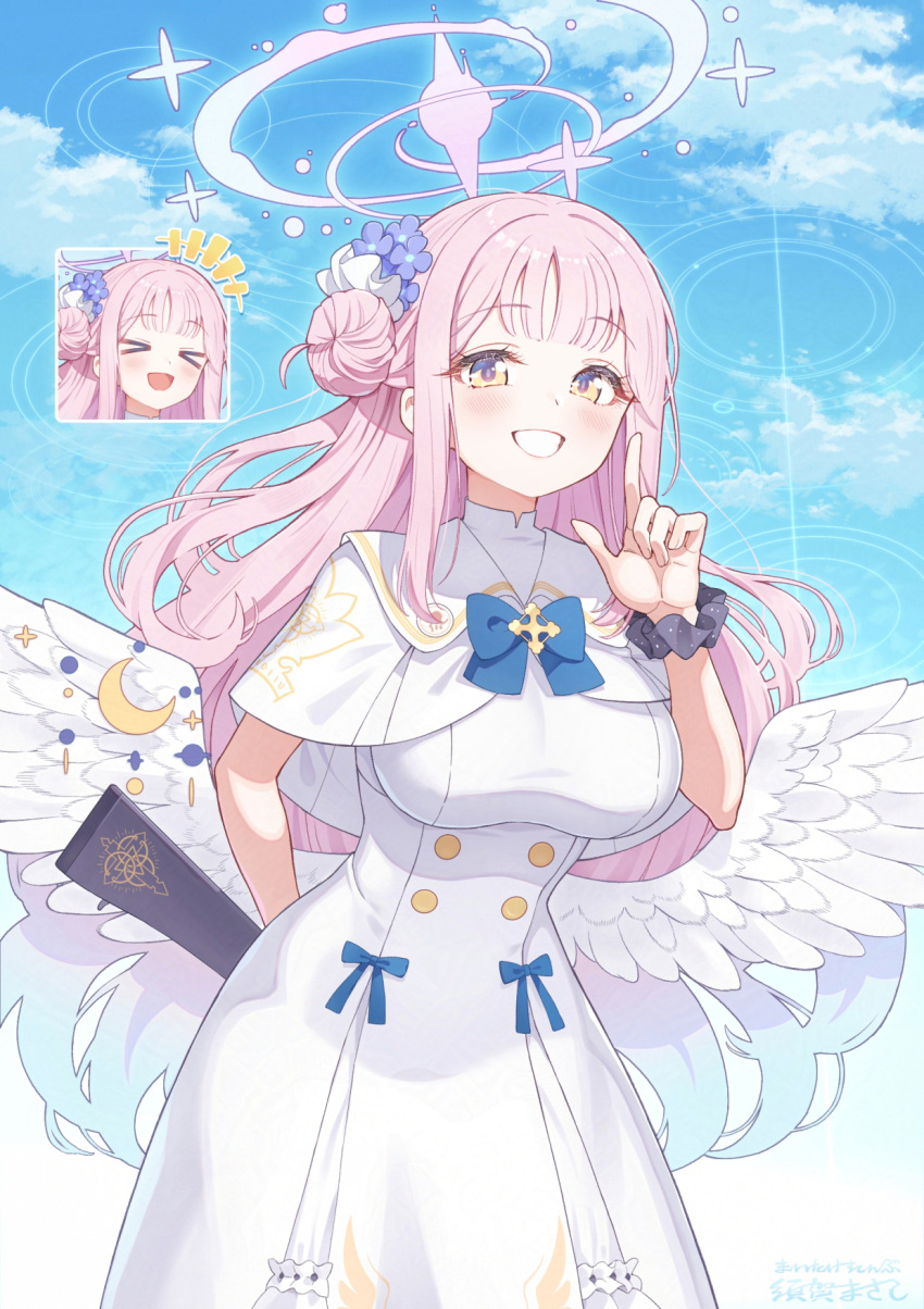 &gt;_&lt; +++ 1girl angel_wings blue_archive blush breasts capelet crescent crescent_pin dress feathered_wings grin hair_bun halo highres large_breasts long_hair looking_at_viewer mika_(blue_archive) multiple_views open_mouth pink_hair pink_halo single_side_bun smile suga_masashi white_capelet white_dress white_wings wings yellow_eyes