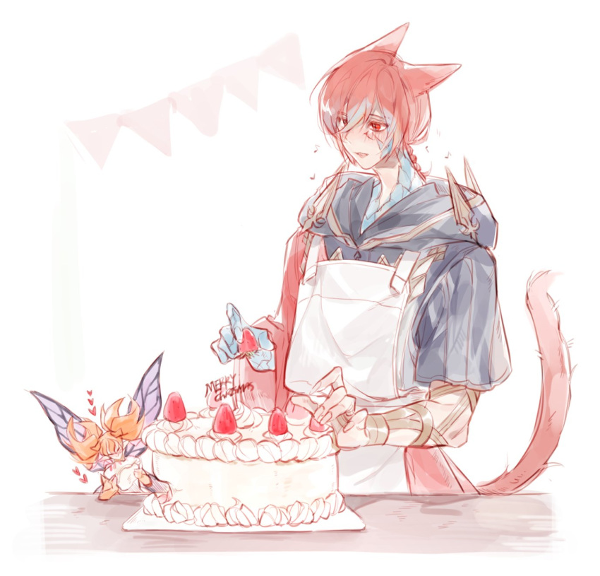blush braid cake cat_tail cloak crystal_exarch feo_ul final_fantasy final_fantasy_xiv food fruit g'raha_tia garland_(decoration) highres hood hood_down hooded_cloak material_growth open_mouth red_eyes redhead strawberry strawberry_shortcake tail tail_raised tladpwl03 white_background