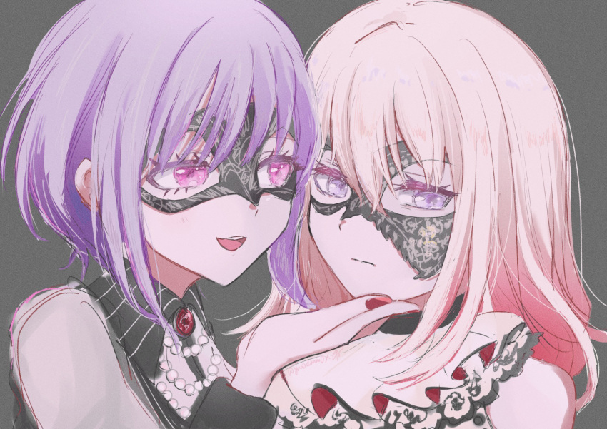 2girls bang_dream! bang_dream!_it's_mygo!!!!! bare_shoulders black_mask blonde_hair closed_mouth commentary_request domino_mask grey_background hand_on_own_chin highres jewelry long_hair mask misumi_uika multiple_girls necklace open_mouth pine_(pineapple5459) pink_eyes red_brooch red_nails short_hair smile upper_body violet_eyes yuri yuutenji_nyamu