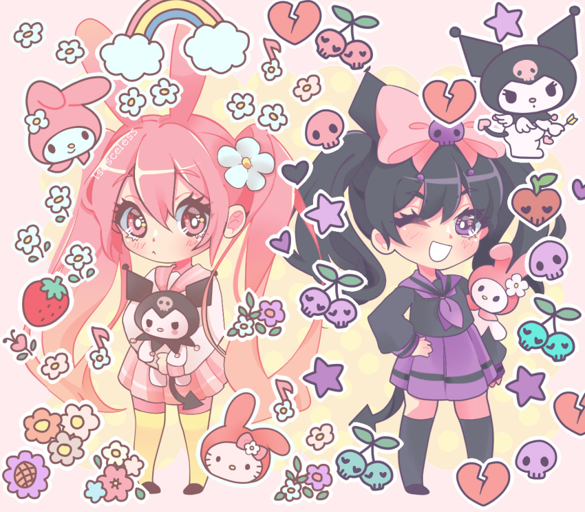 2girls :&lt; animal_ears black_hair blush bow character_doll chibi commentary_request flower food fruit full_body grin hair_bow hair_flower hair_ornament hand_on_own_hip hello_kitty hello_kitty_(character) holding holding_stuffed_toy isosceless kuromi long_hair long_sleeves looking_at_viewer multiple_girls my_melody one_eye_closed onegai_my_melody pink_eyes pink_hair pleated_skirt rabbit_ears rabbit_girl sanrio school_uniform serafuku skirt skull smile spanish_commentary star_(symbol) strawberry stuffed_toy thigh-highs twintails very_long_hair violet_eyes