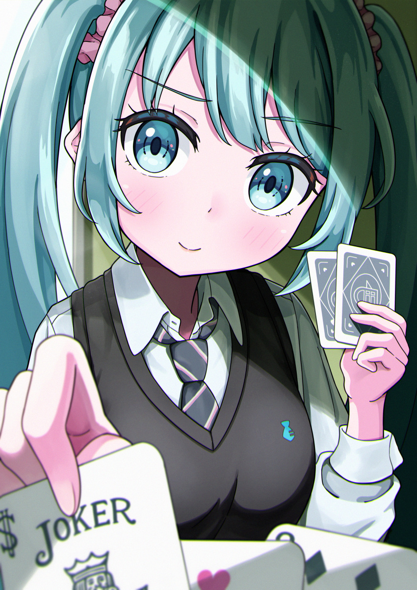 1girl absurdres aqua_eyes aqua_hair blush breasts card closed_mouth collared_shirt colored_eyelashes hatsune_miku highres holding holding_card long_hair looking_at_viewer necktie playing_card school_uniform shirt sidelighting smile solo solo_focus striped_necktie sweater_vest twintails upper_body very_long_hair vocaloid zukimikan
