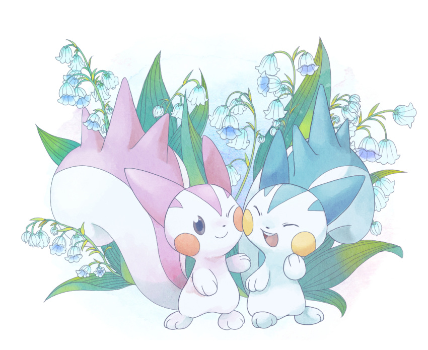alternate_color blue_flower cheek-to-cheek closed_eyes flower flower_request full_body heads_together no_humans one_eye_closed open_mouth pachirisu pokemon satotsu shiny_pokemon smile standing teeth upper_teeth_only violet_eyes white_background