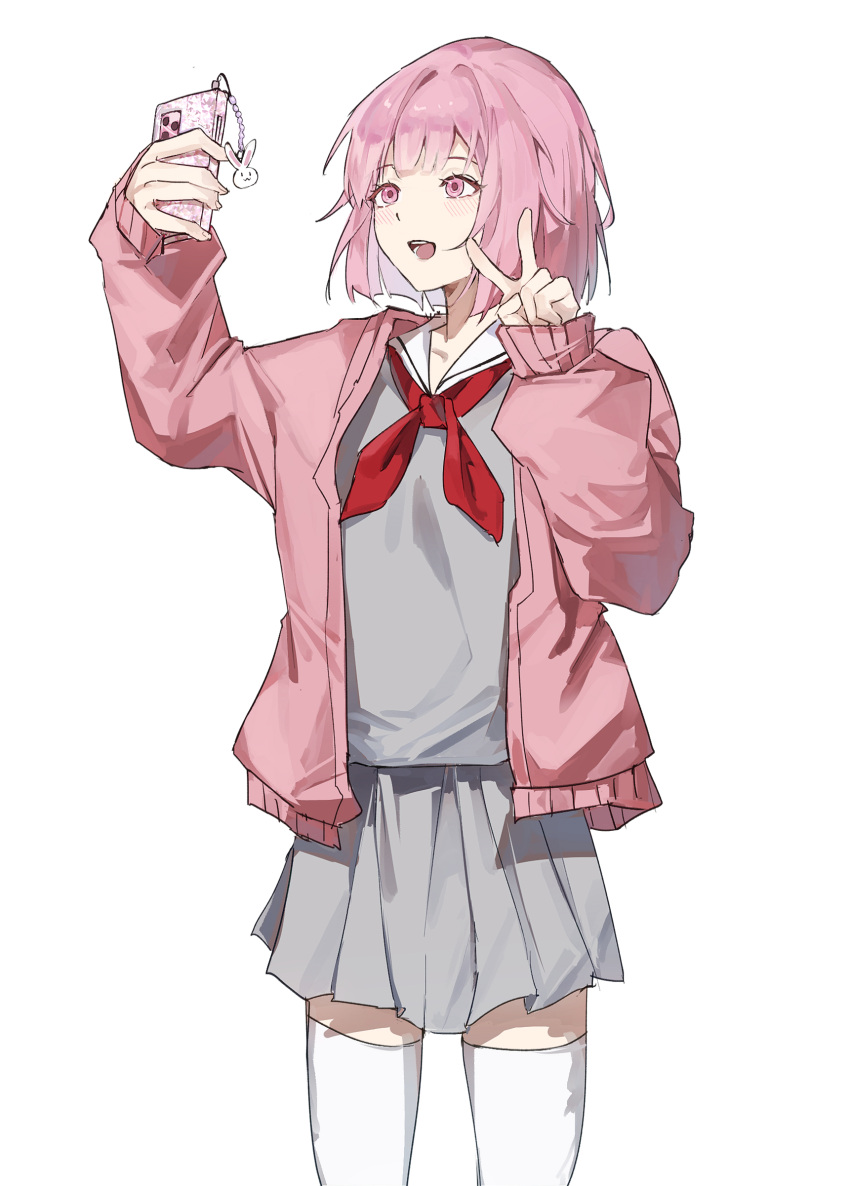 absurdres blush cardigan cellphone cellphone_charm charm_(object) cowboy_shot grey_serafuku grey_skirt hands_up highres holding holding_phone lael_(eve_lael13) long_sleeves neckerchief ootori_emu open_mouth phone pink_cardigan pink_eyes pink_hair pleated_skirt project_sekai rabbit_charm red_neckerchief sailor_collar school_uniform selfie serafuku short_hair simple_background skirt sleeves_past_wrists smartphone thigh-highs v white_background white_thighhighs
