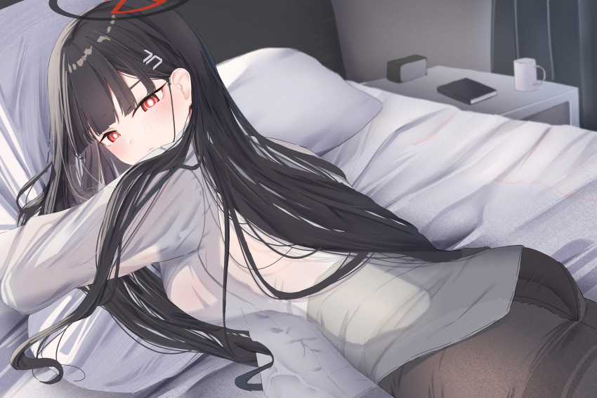 1girl absurdres bed black_hair black_pantyhose blue_archive hair_ornament hairclip highres leonardo_566 long_hair messy_hair on_bed panties panties_under_pantyhose panty_&amp;_stocking_with_garterbelt pantyhose red_eyes rio_(blue_archive) shirt underwear white_shirt