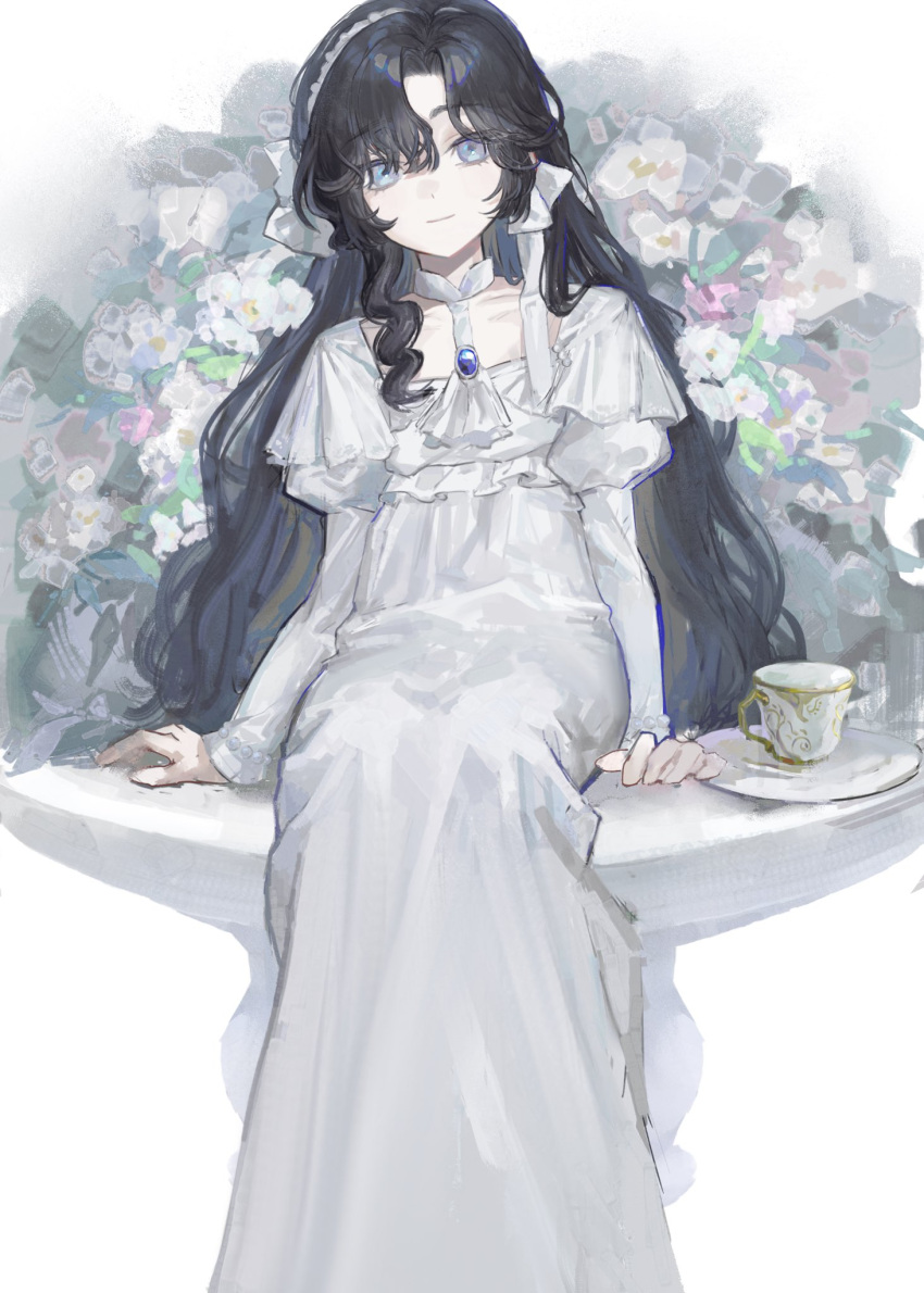 1girl aged_down black_hair bush closed_mouth cup curly_hair dress feet_out_of_frame flower hairband highres isolde_(reverse:1999) juliet_sleeves kuukip long_hair long_sleeves looking_at_viewer on_table pink_flower plate puffy_sleeves reverse:1999 round_table sitting smile solo table teacup very_long_hair violet_eyes white_background white_dress white_flower white_hairband