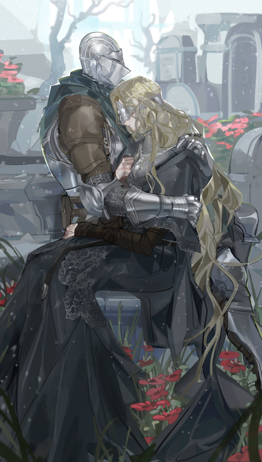 1girl 1other absurdres ambiguous_gender armor ashen_one_(dark_souls_3) bare_tree black_capelet black_robe blindfold blonde_hair breastplate capelet covered_eyes covered_face dark_souls_(series) dark_souls_iii day elbow_pads expressionless fire_keeper flower full_armor full_body gauntlets grass greaves green_capelet hand_on_own_chest hands_on_another's_back helm helmet highres hug lace-trimmed_capelet lace_trim long_hair nslacka outdoors poppy_(flower) profile red_flower robe sitting sleeves_past_wrists tombstone tree wavy_hair