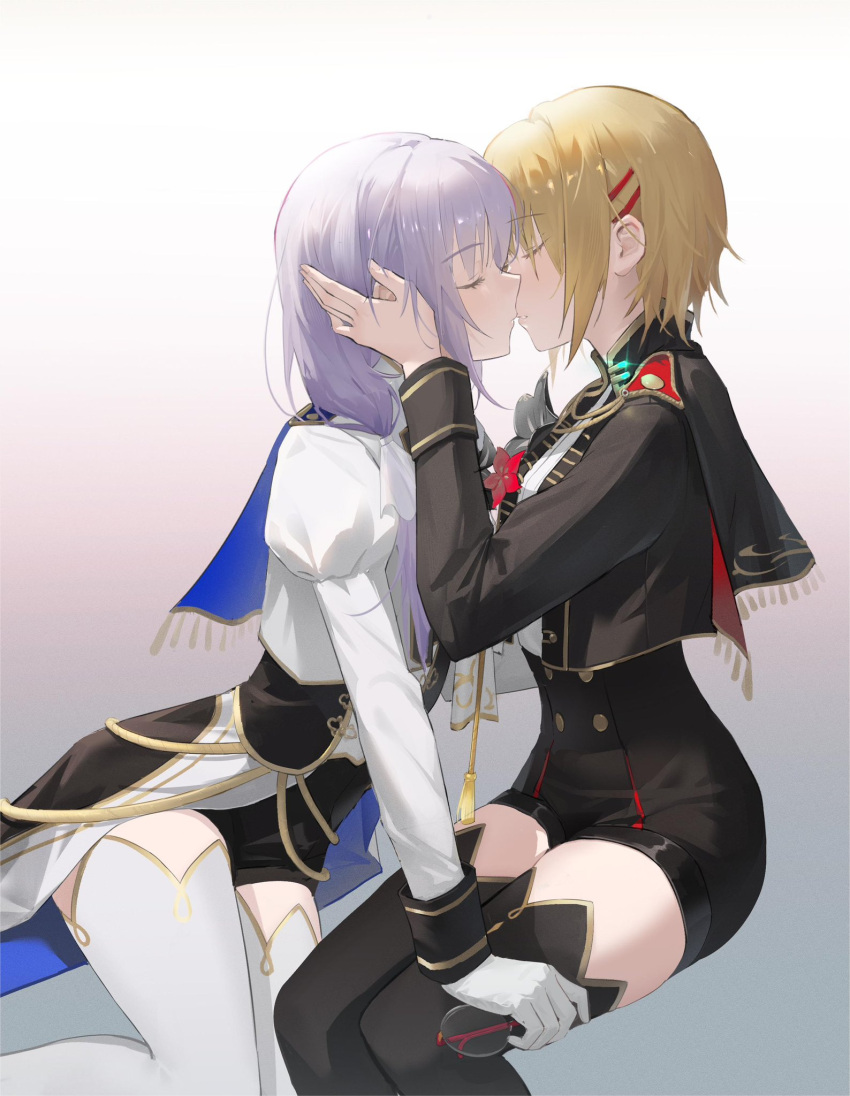 2girls akira_xiaoming black_thighhighs blonde_hair buttons cape closed_eyes cropped_jacket double-breasted grey_hair hair_ornament heaven_burns_red highres izumi_yuki_(heaven_burns_red) jacket kayamori_ruka kiss long_hair long_sleeves multiple_girls second-party_source short_hair thigh-highs white_thighhighs yuri