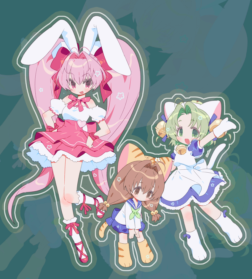 3girls :d ahoge animal_ears animal_hat antenna_hair apron arm_up back_bow bell blue_bow blue_dress blue_ribbon blue_sailor_collar blue_shorts blush bow brown_eyes brown_hair cat_hat cat_tail closed_mouth dejiko detached_sleeves di_gi_charat dice_hair_ornament dot_nose dress flower footwear_bow frilled_sleeves frilled_socks frills full_body green_eyes green_hair green_neckerchief hair_bell hair_bow hair_intakes hair_ornament hair_ribbon hands_on_own_hips hat hat_flower heart height_difference highres kneehighs long_hair maid maid_apron medium_hair multiple_girls neck_bell neck_ribbon neckerchief open_mouth parted_bangs paw_shoes pink_bow pink_eyes pink_footwear pink_hair pink_ribbon pink_skirt puchiko puffy_detached_sleeves puffy_shorts puffy_sleeves rabbit_ears ribbon sailor_collar school_uniform seoji serafuku shirt shorts skirt sleeveless sleeveless_shirt smile socks standing standing_on_one_leg star_(symbol) striped_clothes striped_footwear striped_headwear striped_tail tail twintails usada_hikaru very_long_hair waving white_apron white_bow white_flower white_footwear white_headwear white_shirt white_socks white_tail wrist_ribbon yellow_footwear yellow_headwear yellow_tail zoom_layer