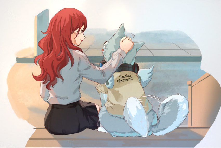 1girl animal black_skirt closed_mouth commentary dog english_commentary from_behind grey_fur headpat kirijou_mitsuru koromaru_(persona) long_hair long_sleeves looking_at_another outdoors persona persona_3 petting red_eyes redhead shirt sitting skirt smile soc_nau white_shirt white_wings wings