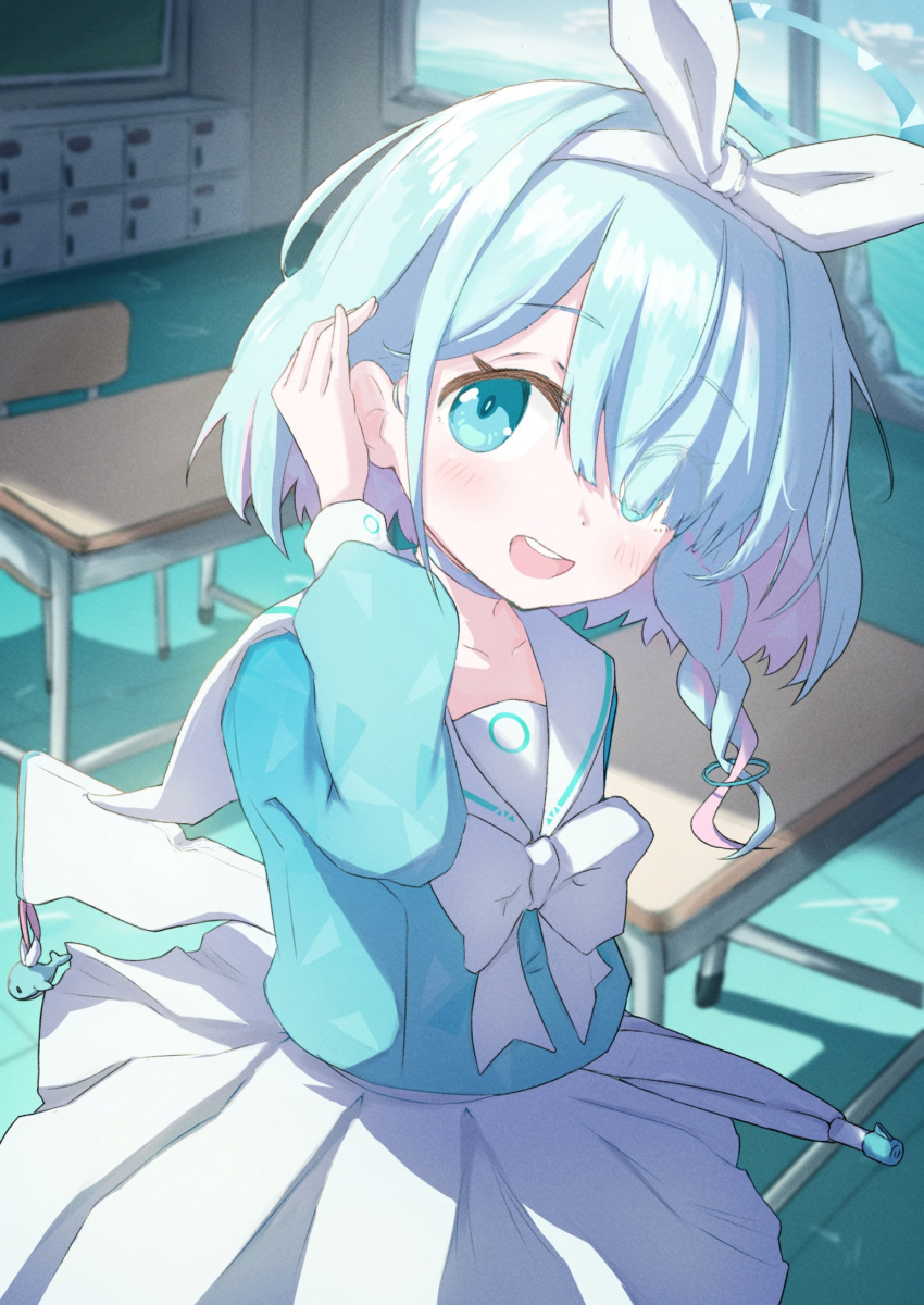 1girl :d arm_up arona_(blue_archive) blue_archive blue_eyes blue_hair blue_shirt blurry blush bow bow_hairband bowtie braid chair chalkboard choker classroom colored_inner_hair commentary_request desk getabako hair_over_one_eye hair_over_shoulder hairband halo highres holding holding_umbrella long_sleeves looking_at_viewer medium_hair meluwow multicolored_hair navel open_mouth pink_hair sailor_collar school_chair school_desk school_uniform serafuku shirt single_braid skirt smile solo two-tone_hair umbrella wet_floor white_bow white_bowtie white_choker white_sailor_collar white_skirt