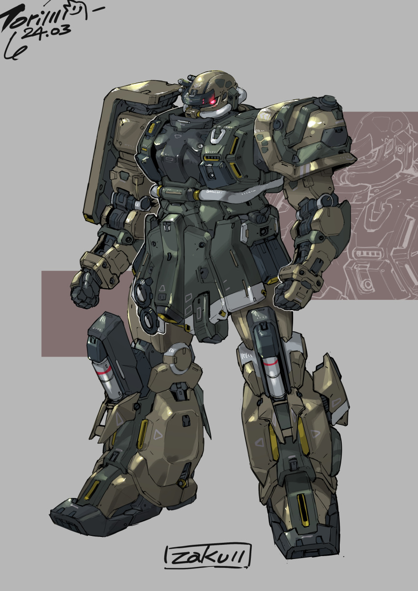 absurdres arms_at_sides artist_name character_name clenched_hands commentary dated full_body glowing glowing_eye gundam highres legs_apart looking_at_viewer mecha mecha_focus mobile_suit mobile_suit_gundam niao_san_shi no_humans one-eyed red_eyes redesign robot science_fiction solo standing zaku_ii