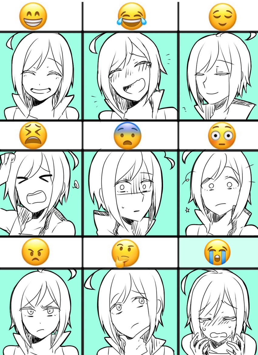 &gt;_&lt; 1boy ahoge angry aqua_background closed_eyes closed_mouth crying emoji expression_chart expressions hands_up happy highres male_focus monochrome open_mouth relief roz_(hal20010910) sad shaded_face short_hair smile solo squiggle star_(symbol) surprised sweatdrop tears teeth thinking upper_teeth_only utatane_piko vocaloid wavy_mouth wide-eyed