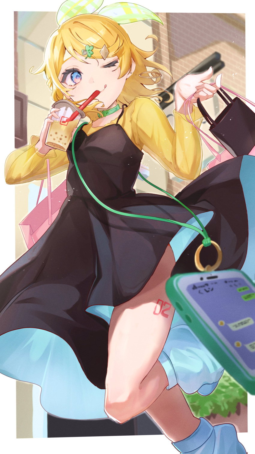 1girl absurdres black_dress blonde_hair blue_eyes blue_socks blurry blurry_background bow bubble_tea cellphone choker clover_hair_ornament dress from_below green_choker hair_bow hair_ornament hands_up highres inuyama_(1109) kagamine_rin long_sleeves looking_at_viewer loose_socks medium_dress one_eye_closed phone project_sekai shirt shopping smartphone socks solo standing standing_on_one_leg swept_bangs thighs two-sided_dress two-sided_fabric vocaloid walking yellow_shirt