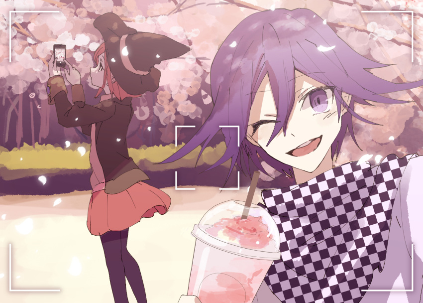 1boy 1girl black_hat black_jacket black_pantyhose black_scarf black_sleeves blazer cellphone checkered_clothes checkered_scarf cherry_blossoms collared_vest commentary_request cup danganronpa_(series) danganronpa_v3:_killing_harmony day disposable_cup drink drinking_straw eyelashes falling_petals feet_out_of_frame hair_between_eyes hat holding holding_drink holding_phone jacket long_sleeves looking_at_viewer miniskirt nagichiro oma_kokichi one_eye_closed open_clothes open_jacket open_mouth outdoors pantyhose petals phone pink_vest pleated_skirt purple_hair red_eyes red_skirt redhead scarf selfie short_hair single_blush_sticker skirt slushie smartphone smile teeth tree two-tone_scarf unmoving_pattern upper_body upper_teeth_only vest viewfinder violet_eyes white_jacket white_scarf white_sleeves witch_hat yumeno_himiko