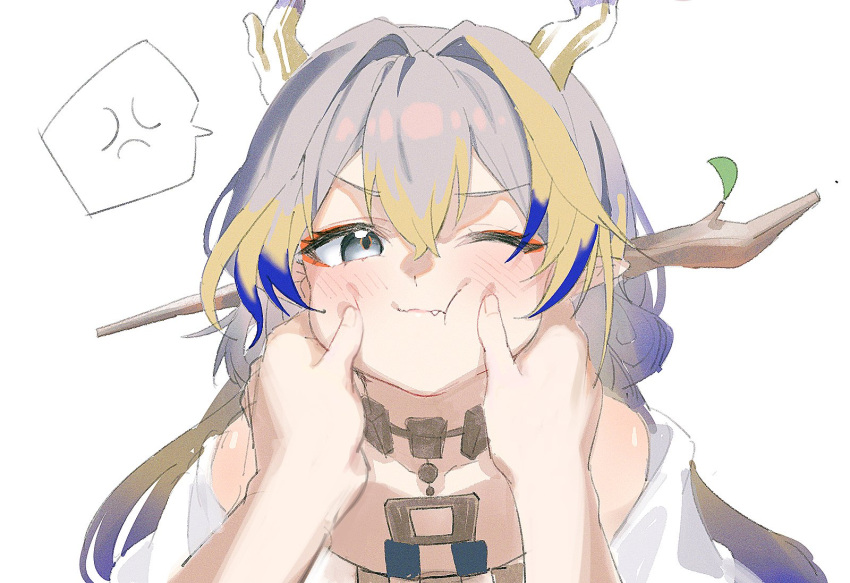 1girl 1other anger_vein annoyed arknights blonde_hair blue_hair blush commentary_request dragon_girl dragon_horns grey_eyes grey_hair hair_intakes hands_on_another's_cheeks hands_on_another's_face highres horns long_hair looking_at_viewer multicolored_hair one_eye_closed pov shu_(arknights) simple_background solo_focus speech_bubble spoken_anger_vein upper_body white_background zapik