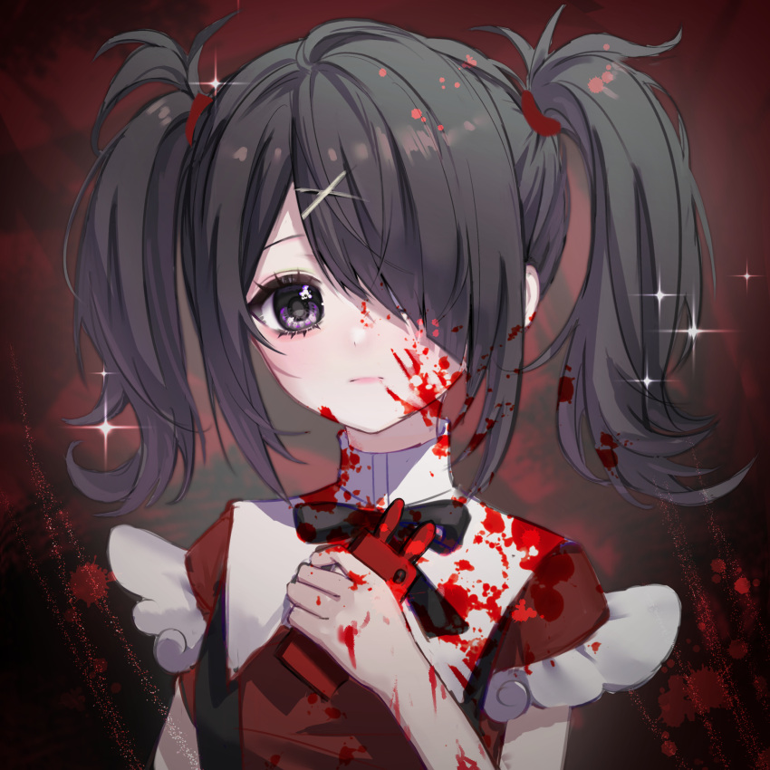 1girl ame-chan_(needy_girl_overdose) black_hair black_ribbon blood blood_on_clothes blood_on_face blood_on_hands blood_splatter closed_mouth collared_shirt hair_ornament hair_over_one_eye hand_up highres holding holding_phone long_hair looking_at_viewer neck_ribbon needy_girl_overdose phone red_background red_shirt ribbon shirt shuijiao_daojishi solo suspenders twintails upper_body violet_eyes x_hair_ornament