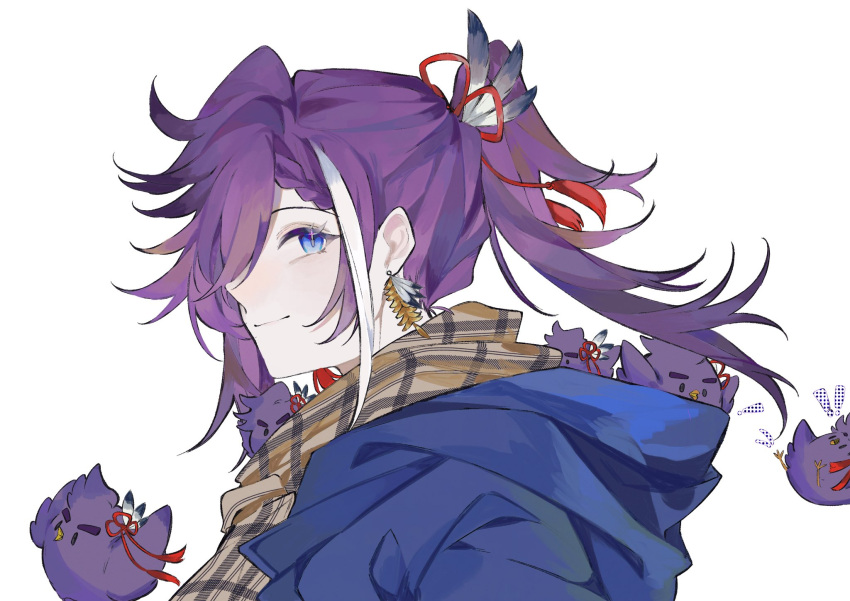 1boy alternate_costume banzoin_hakka bird blue_coat blue_eyes coat earrings english_commentary eyelashes facing_away feather_hair_ornament feathers from_side hair_between_eyes hair_ornament hakkito_(banzoin_hakka) highres holostars holostars_english jewelry long_hair looking_at_viewer male_focus multicolored_hair plaid plaid_scarf ponytail purple_hair sakiaoba scarf smile solo streaked_hair two-tone_hair virtual_youtuber white_background white_hair