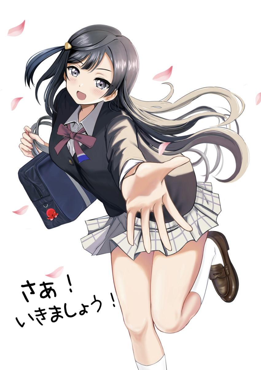 1girl :d absurdres black_hair black_jacket blazer blush breasts brown_footwear collared_shirt commentary_request falling_petals floating_hair foot_out_of_frame foot_up foreshortening grey_eyes grey_skirt hair_ornament highres jacket loafers long_hair long_sleeves looking_at_viewer love_live! love_live!_nijigasaki_high_school_idol_club medium_breasts miniskirt neck_ribbon nijigasaki_academy_school_uniform one_side_up open_mouth petals pink_petals plaid plaid_skirt pleated_skirt reaching reaching_towards_viewer red_ribbon ribbon school_uniform shirt shoes sidelocks simple_background skirt smile solo standing standing_on_one_leg translation_request white_background white_shirt white_skirt winter_uniform yuki_setsuna_(love_live!) zaofeng