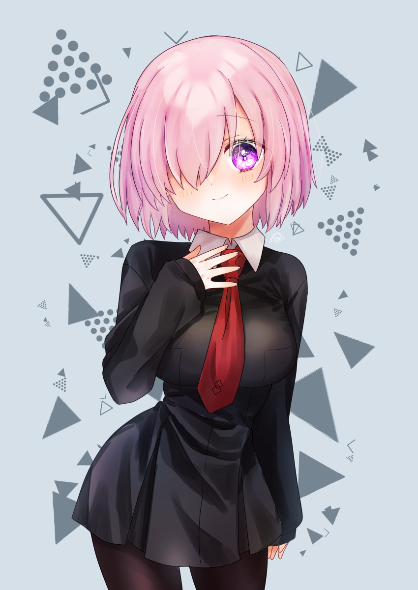 1girl absurdres black_dress black_pantyhose blush closed_mouth contrapposto cowboy_shot dress fate/grand_order fate_(series) grey_background hair_over_one_eye harukappa head_tilt highres long_sleeves looking_at_viewer mash_kyrielight medium_hair necktie pantyhose pink_hair pleated_dress red_necktie short_dress smile solo standing straight_hair thigh_gap violet_eyes wing_collar