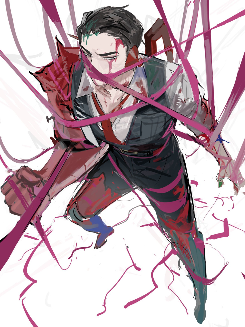 1boy black_hair black_pants black_vest blood blood_on_clothes collared_shirt e.g.o_(project_moon) from_above full_body hair_slicked_back highres limbus_company looking_at_viewer meursault_(project_moon) necktie niku_0000 pants pink_blood pink_shoes_(project_moon) project_moon red_necktie shirt simple_background solo vest violet_eyes white_background white_shirt