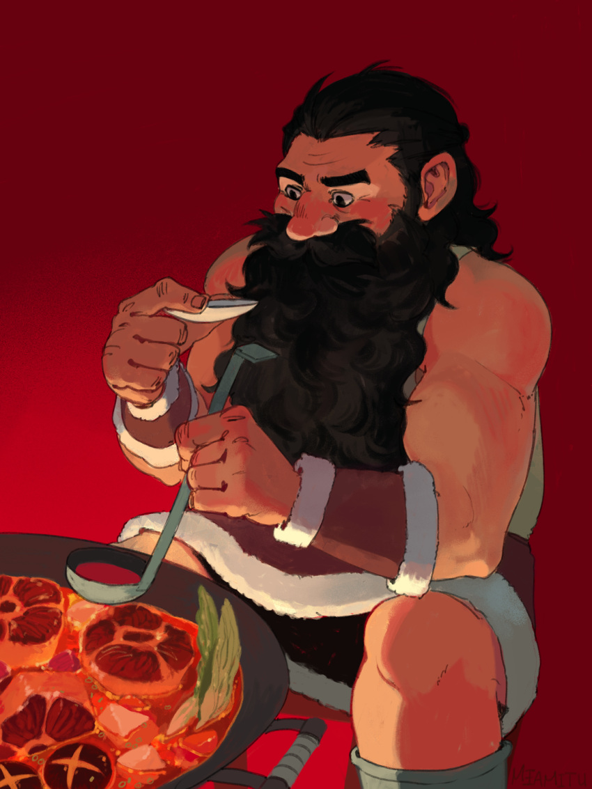 1boy beard blush brown_hair cooking dungeon_meshi dwarf facial_hair feet_out_of_frame food highres long_beard male_focus mature_male meat miamitu-illust muscular muscular_male senshi_(dungeon_meshi) sitting sleeveless solo spread_legs thick_eyebrows thick_mustache very_long_beard wok wrinkled_skin