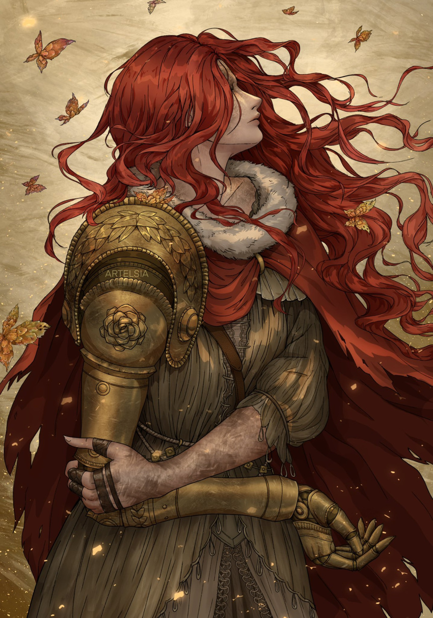 1girl amputee armor artelsia bug butterfly cape dress elden_ring gold_armor highres long_hair malenia_blade_of_miquella mechanical_arms prosthesis prosthetic_arm red_cape redhead scar single_mechanical_arm solo wavy_hair