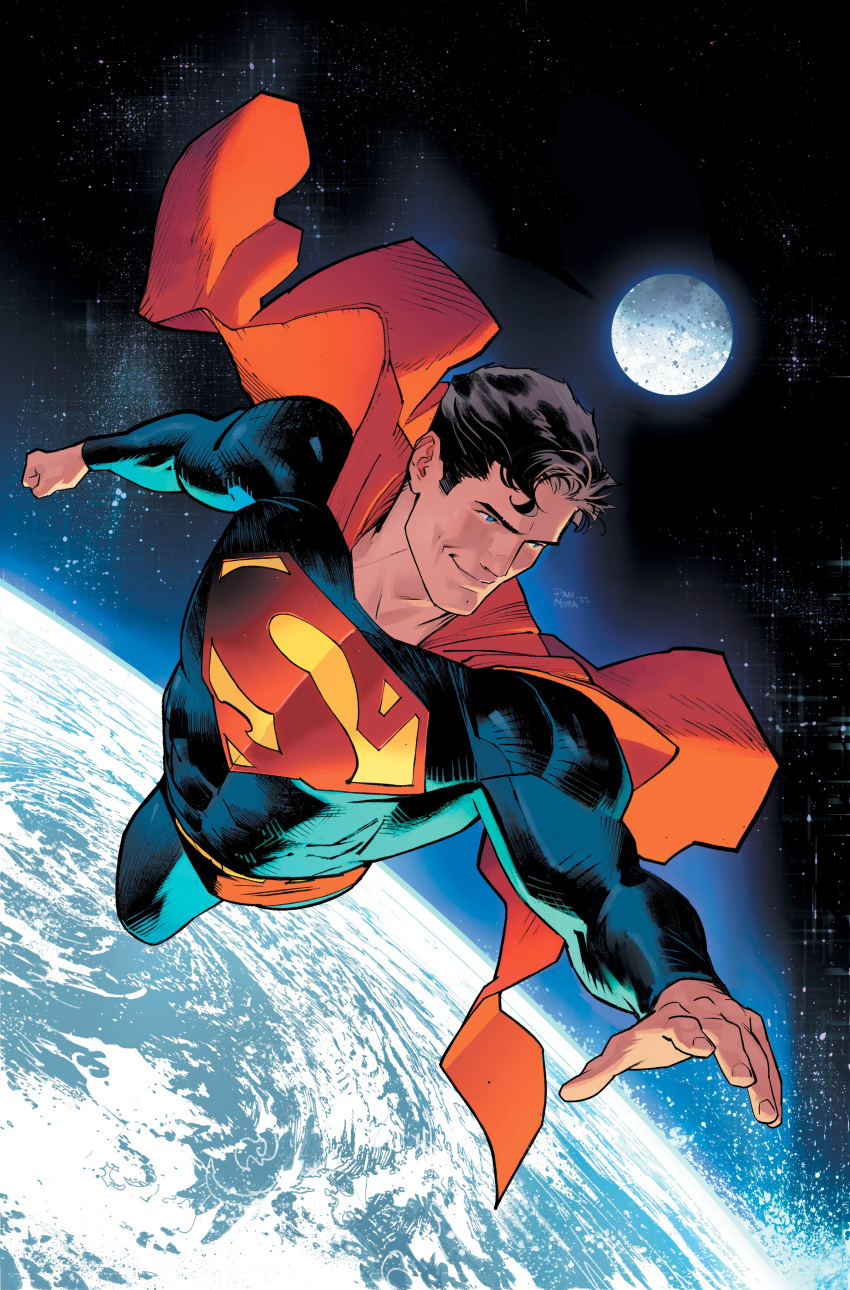 absurdres black_hair blue_bodysuit blue_eyes bodysuit cape clenched_hand closed_mouth dan_mora dc_comics earth_(planet) english_commentary flying hand_up highres long_sleeves looking_to_the_side moon muscular muscular_male planet red_cape short_hair sky smile solo space star_(sky) starry_sky superhero_costume superman superman_(series) superman_logo very_short_hair