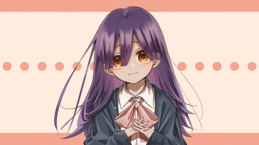 1girl absurdres blush brown_eyes highres jacket long_hair long_sleeves looking_at_viewer original own_hands_together purple_hair putty_(kusanntonn) school solo upper_body wavy_mouth