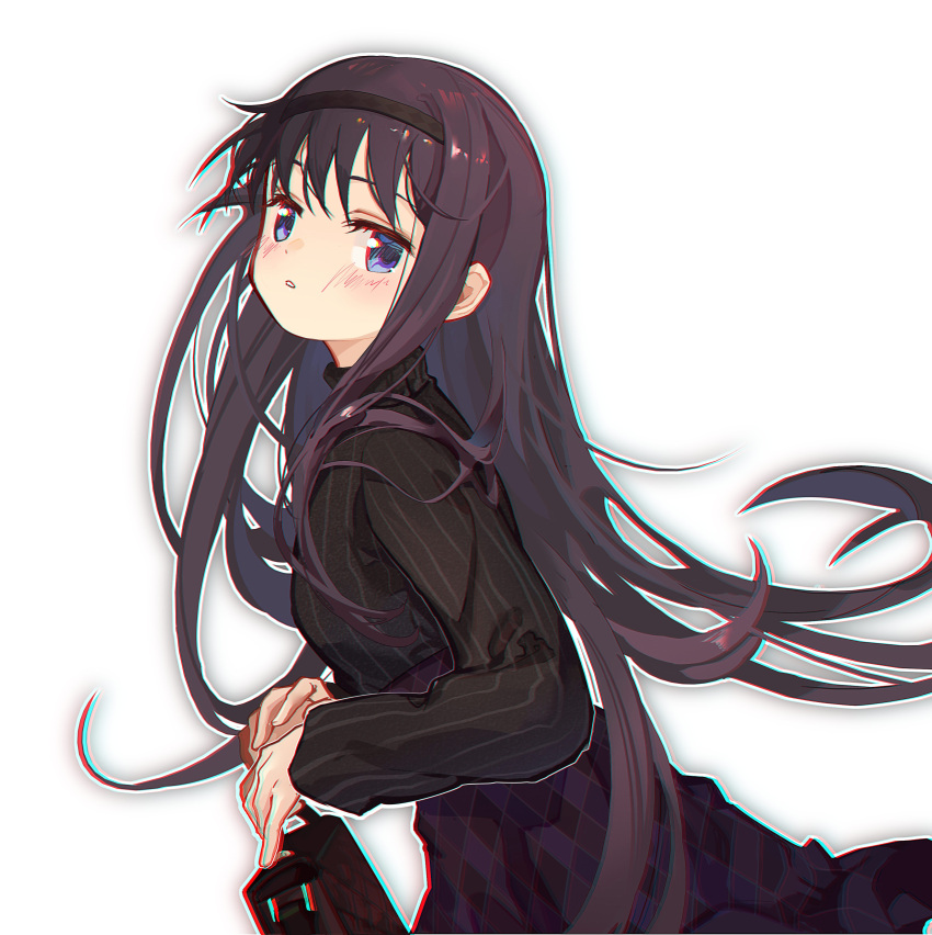 1girl absurdres akemi_homura alternate_costume argyle_clothes argyle_skirt bag black_hair black_hairband black_shirt blue_eyes blush chinese_commentary cowboy_shot expressionless from_side hairband high-waist_skirt highres holding holding_bag long_hair long_sleeves looking_at_viewer mahou_shoujo_madoka_magica mahou_shoujo_madoka_magica_(anime) outline own_hands_together parted_lips purple_skirt shan_tong_tong shirt shirt_tucked_in simple_background skirt solo striped_clothes striped_shirt turtleneck turtleneck_shirt white_background white_outline