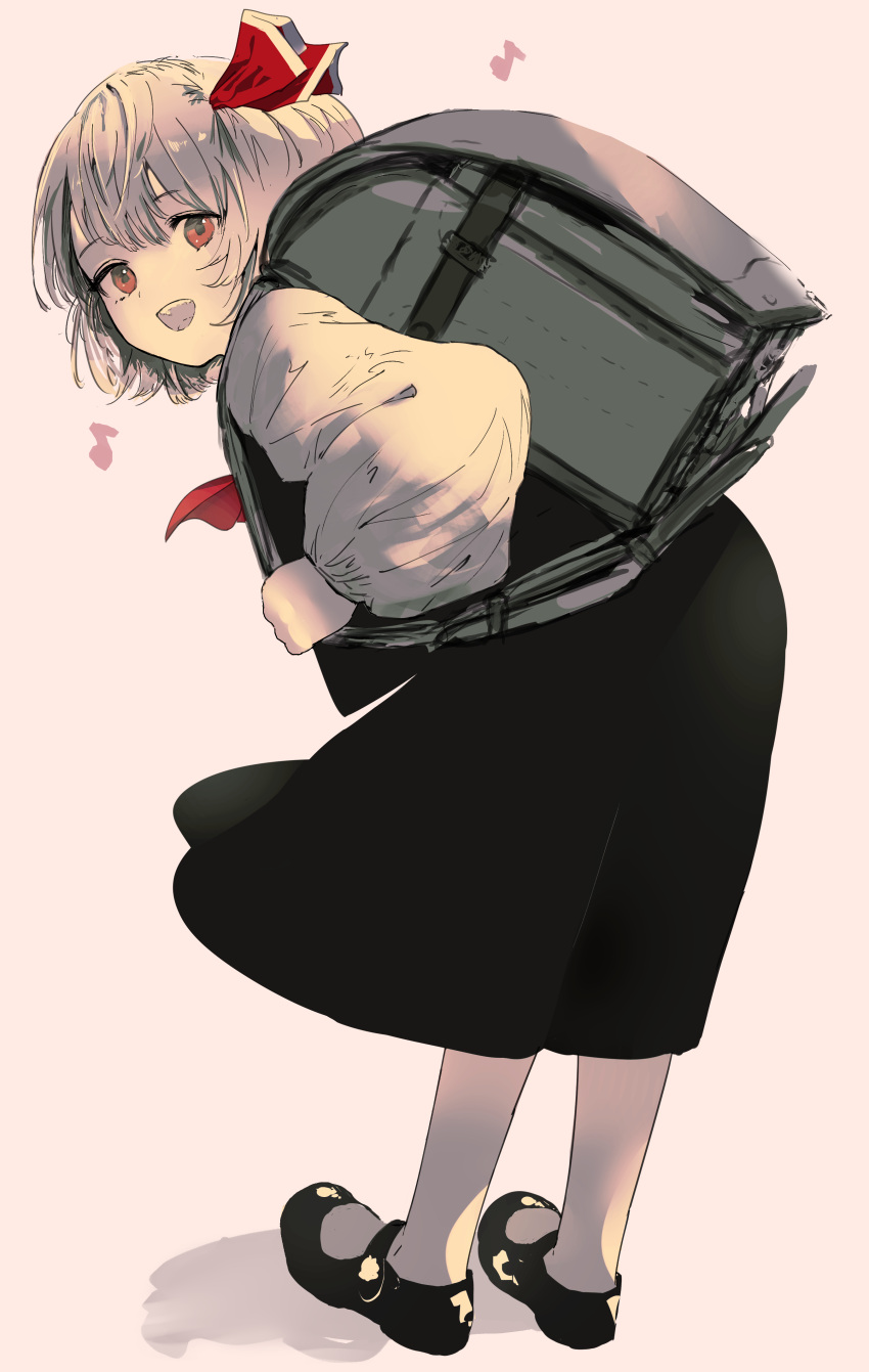 1girl absurdres backpack bag bent_over blonde_hair bow child commentary_request eneshi from_behind full_body grey_background hair_bow hair_ribbon highres holding holding_bag long_sleeves looking_at_viewer musical_note open_mouth puffy_sleeves red_eyes ribbon rumia shirt short_hair simple_background skirt smile solo standing touhou