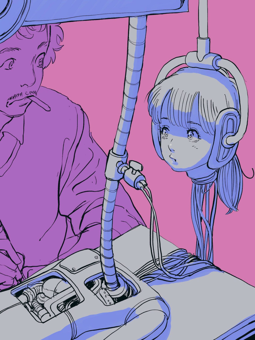 1boy 1girl android cable dr._slump highres limited_palette long_hair looking_at_another lying maintenance norimaki_arale norimaki_senbei nukazuke on_back ponytail sketch