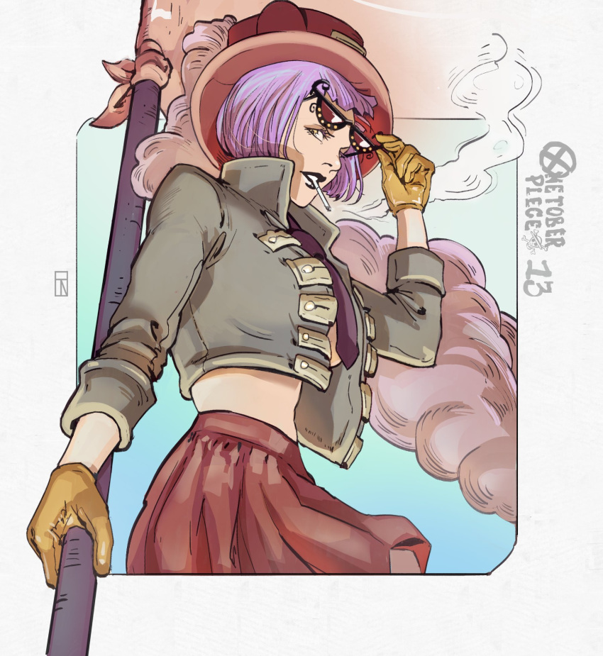 1girl belo_betty blue_background bob_cut cigarette commentary copyright_name cowboy_shot crop_top flag gloves gradient_background green_jacket hat_feather highres holding holding_flag holding_removed_eyewear iago_fn jacket necktie one_piece portuguese_commentary purple_hair purple_necktie red-tinted_eyewear red_hat red_skirt short_hair skirt smoke solo sunglasses tinted_eyewear unworn_eyewear