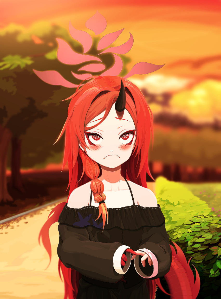@_@ absurdres alternate_costume alternate_hairstyle black_shirt blue_archive braid dragon_girl hair_down halo highres outdoors red_eyes redhead renge_(blue_archive) shirt single_braid solo spaghetti_strap tail user_mnaw5858