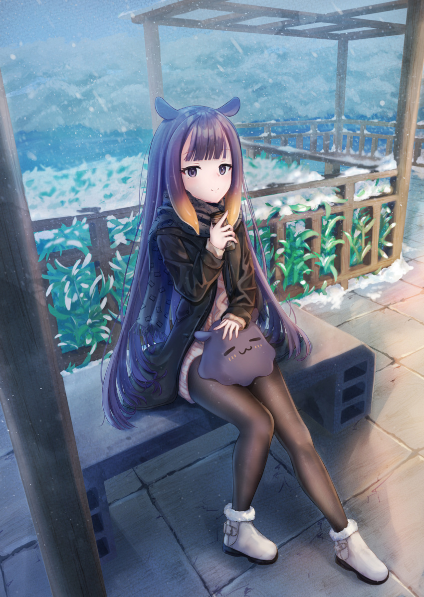 1girl black_jacket can highres holding holding_can hololive hololive_english jacket legs looking_at_viewer ninomae_ina'nis ping9137 scarf shoes smile snow solo sweater takodachi_(ninomae_ina'nis) virtual_youtuber white_footwear winter