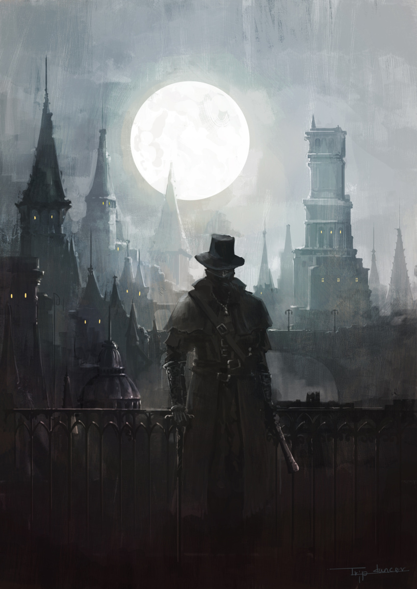 1other artist_name bloodborne brown_capelet brown_coat brown_gloves cane capelet city coat covered_eyes facing_viewer gloves gun hat highres holding holding_cane holding_gun holding_weapon hunter_(bloodborne) mask moon mouth_mask outdoors solo top_hat tripdancer weapon