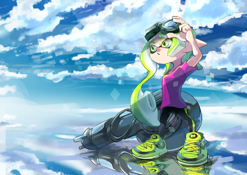 1girl :/ arm_up asymmetrical_hair blue_sky closed_mouth clouds day full_body goggles goggles_on_head green_eyes green_hair inkling inkling_girl inkling_player_character koike3582 legs_apart long_hair nautilus_(splatoon) pink_shirt reflection reflective_water salt_flats shirt shoes short_sleeves single_vertical_stripe sky solo splatoon_(series) standing suction_cups tentacle_hair very_long_hair